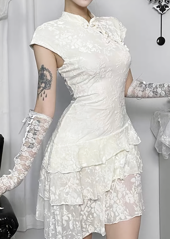 FLORAL JACQUARD STAND COLLAR MINI DRESS / LG1697