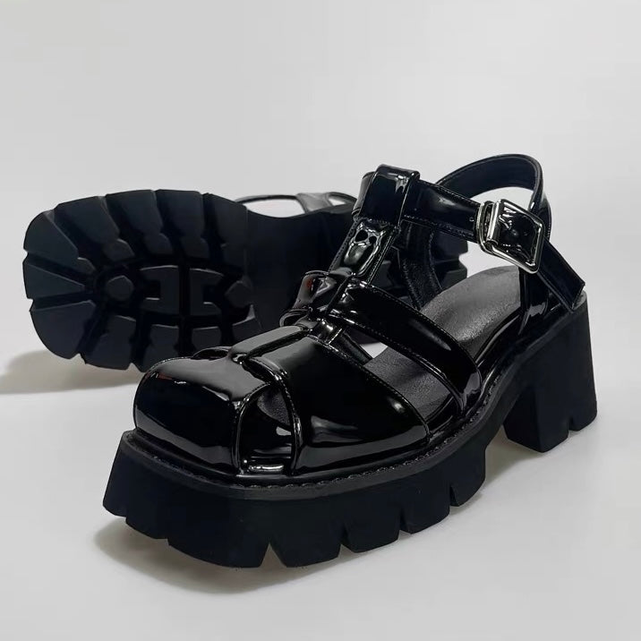 DARK Patent Strap Chunky Heel Sandals / V1181