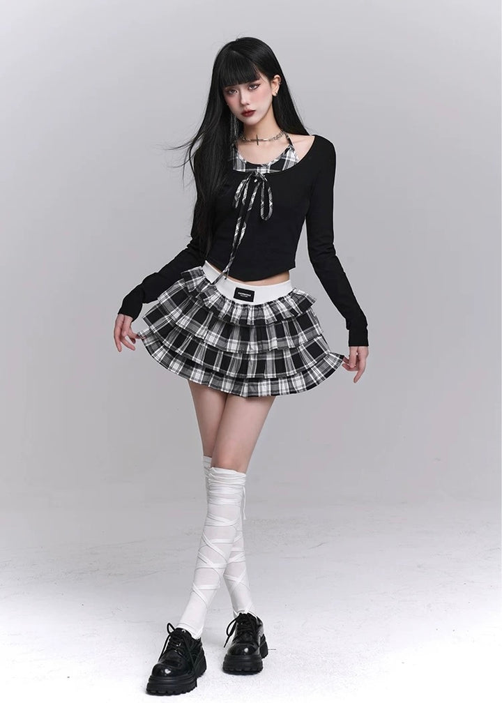 Checkered Tiered Mini Skirt Set / LG1221 