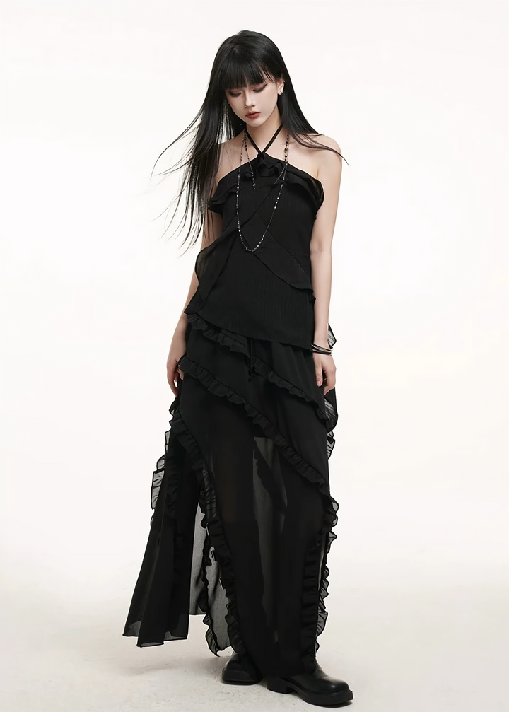 Halter neck suspender top &amp;amp; irregular hem long skirt / lg1264 