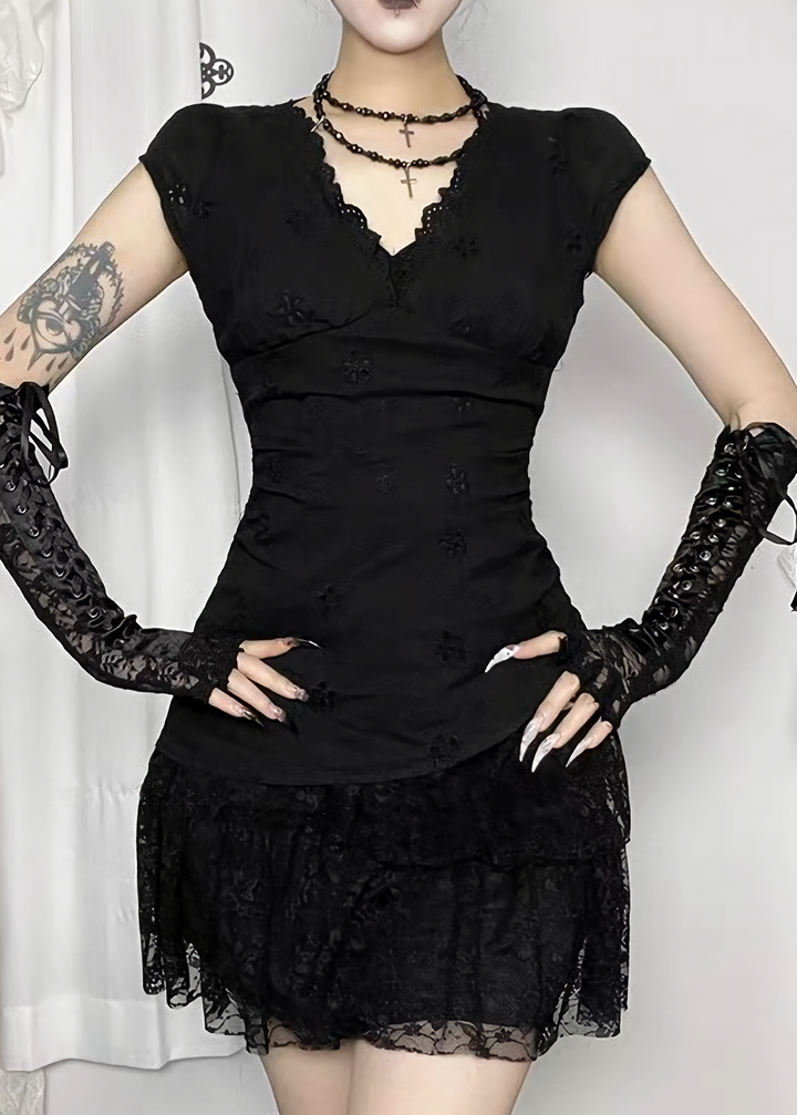 DARK LACE V-NECK MINI ONEPIECE / LG1691