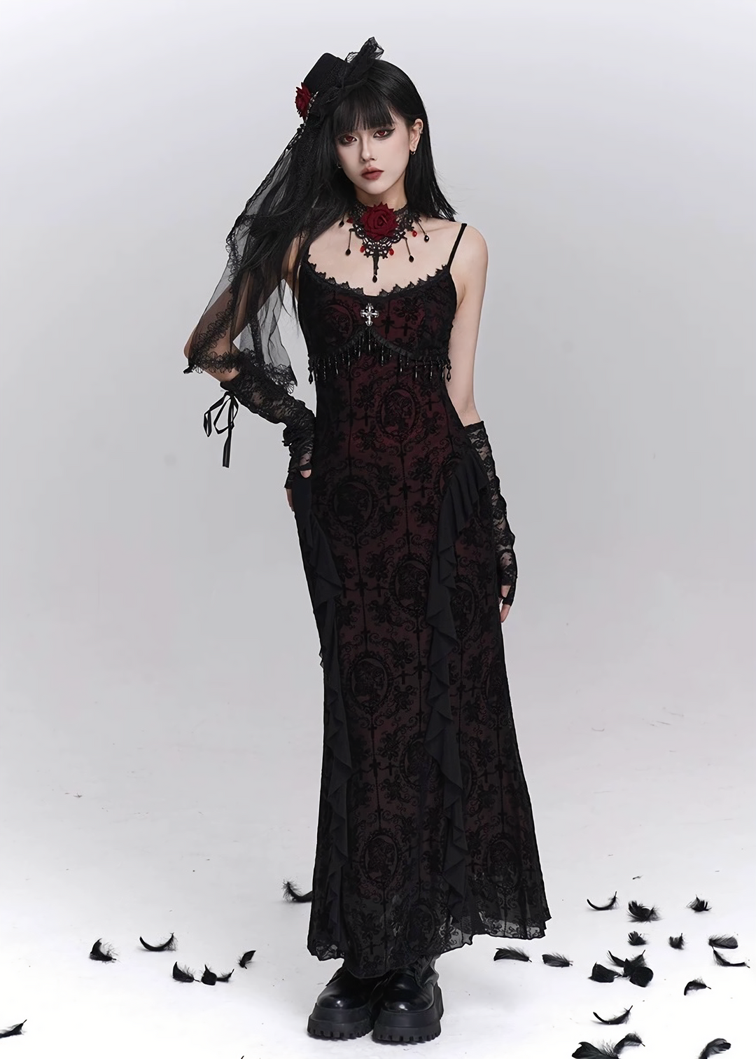 Dark rose long dress & Enchant lace cardigan / LG1401