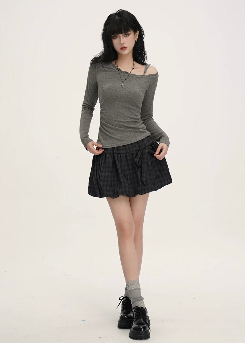 Check Ribbon Balloon Skirt / LG1386