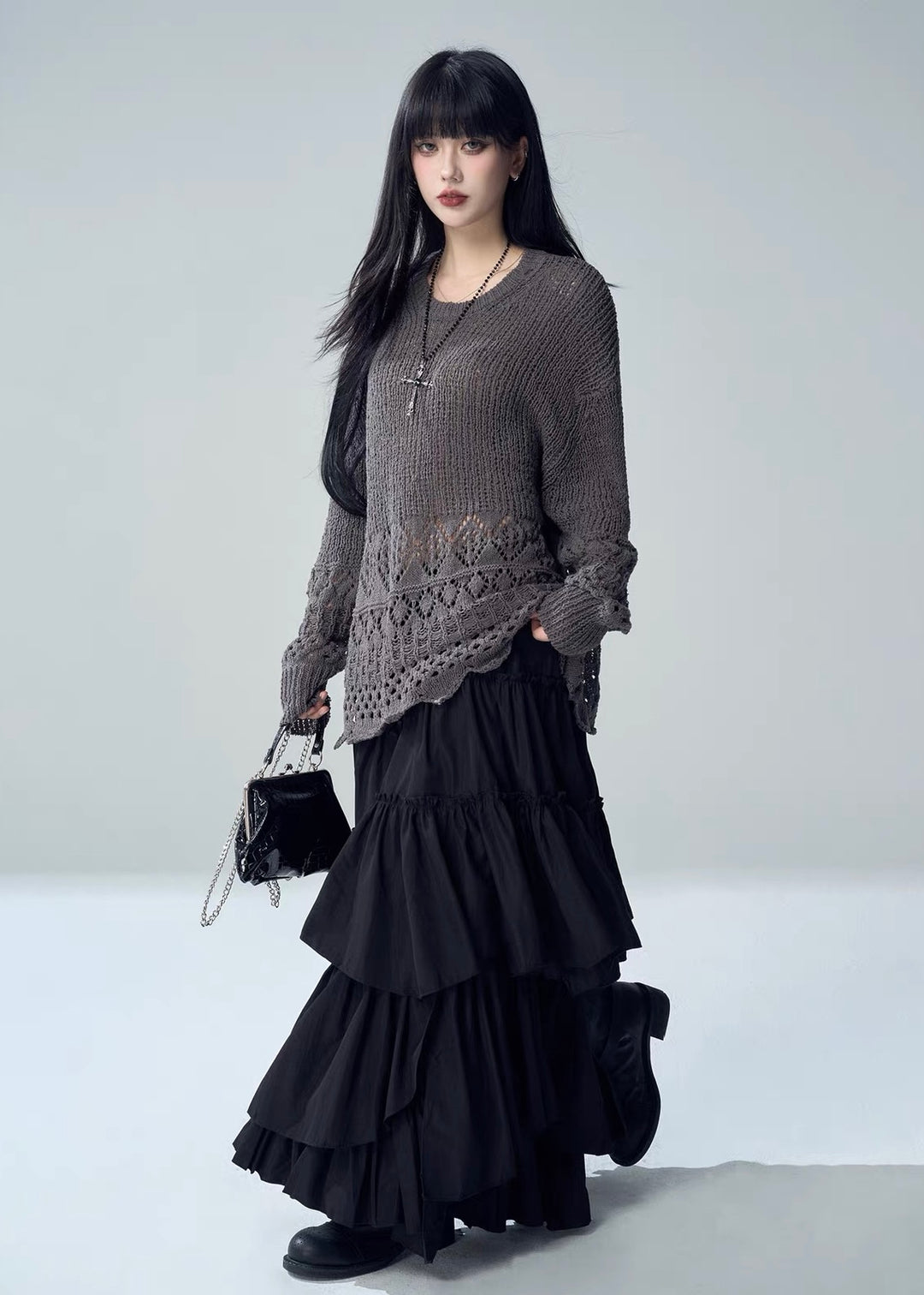 ASYMMETRIC TIERED FRILL MAXI SKIRT / LG1725