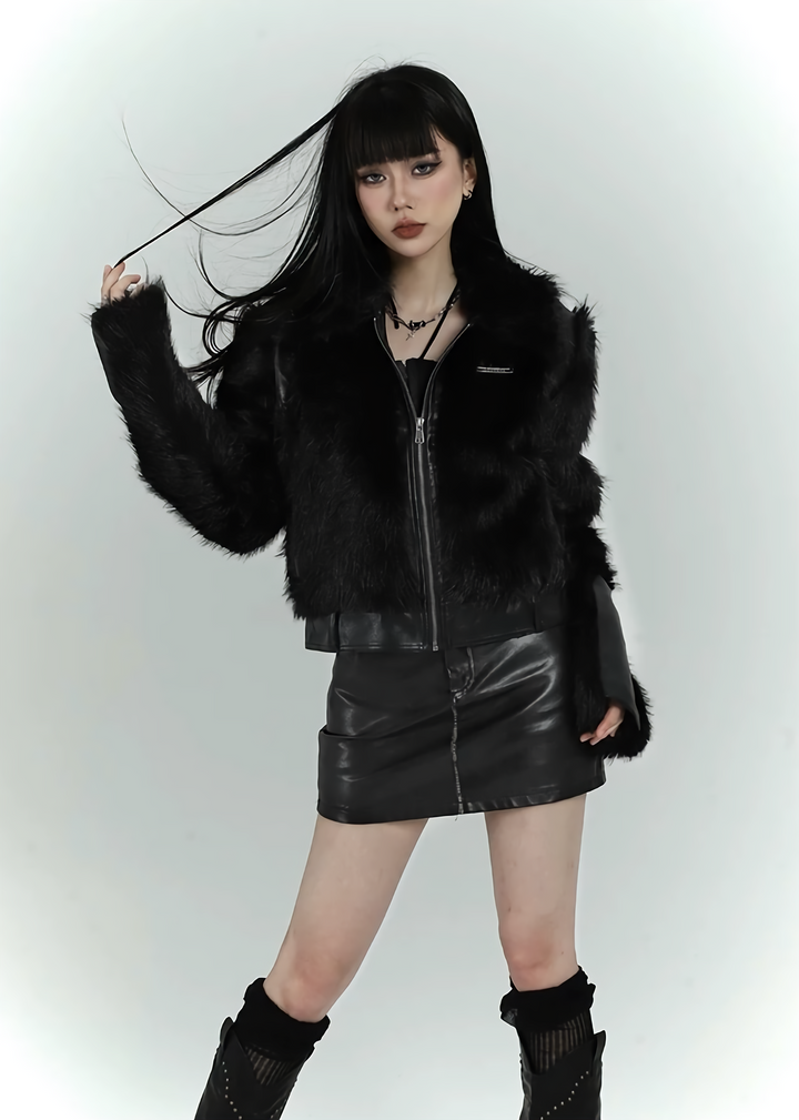 short faux black fur jacket / LG1168