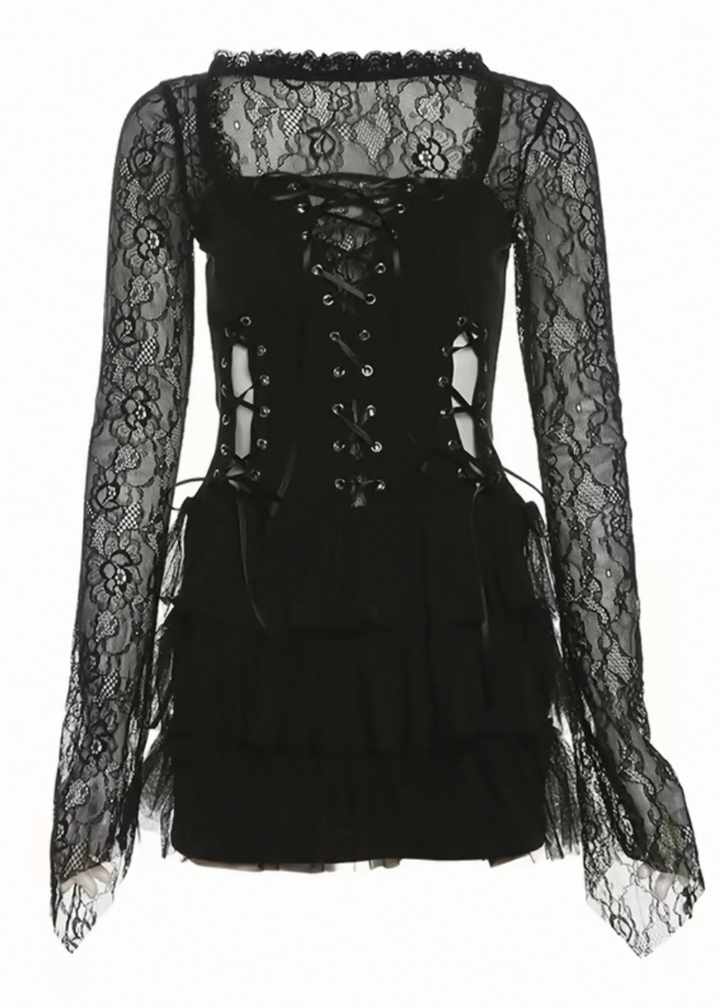GOTHIC LACE-UP TULLE MINI DRESS / LG1634