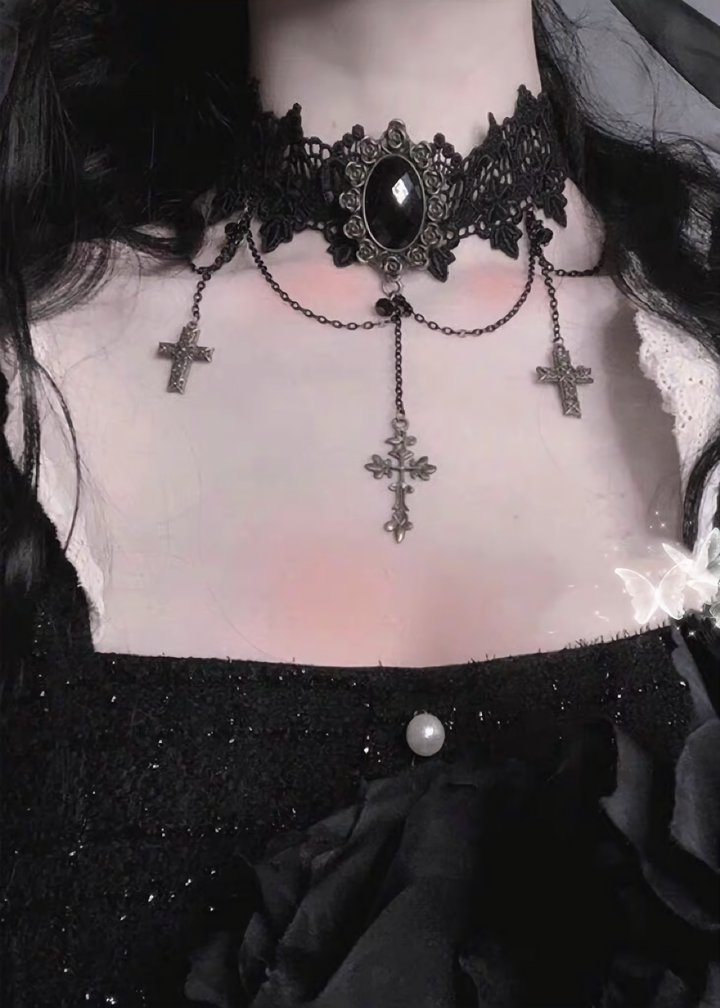 GOTHIC CROSS LACE CHOKER / V1181