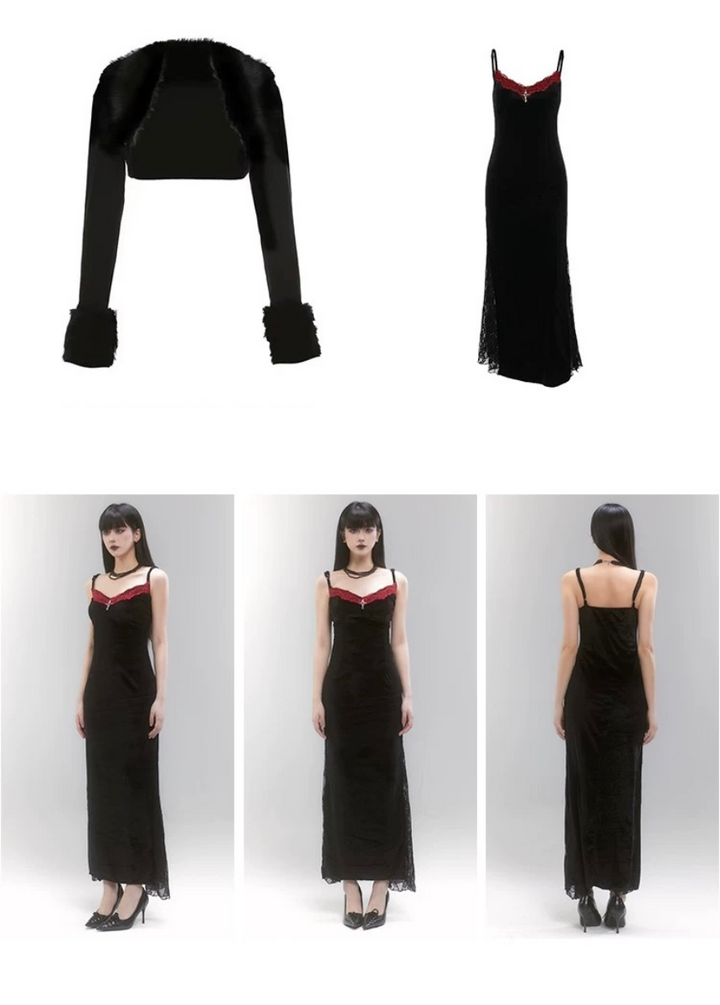 velvet black dress &amp; cropped fur jacket / LG1211