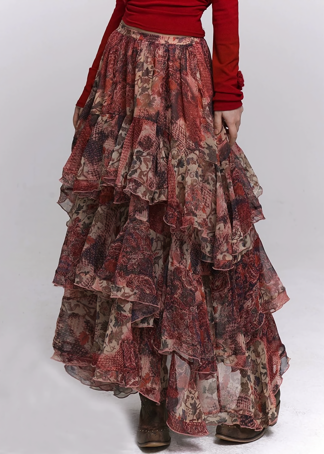 RED FLORAL TIERED LONG SKIRT / LG1501