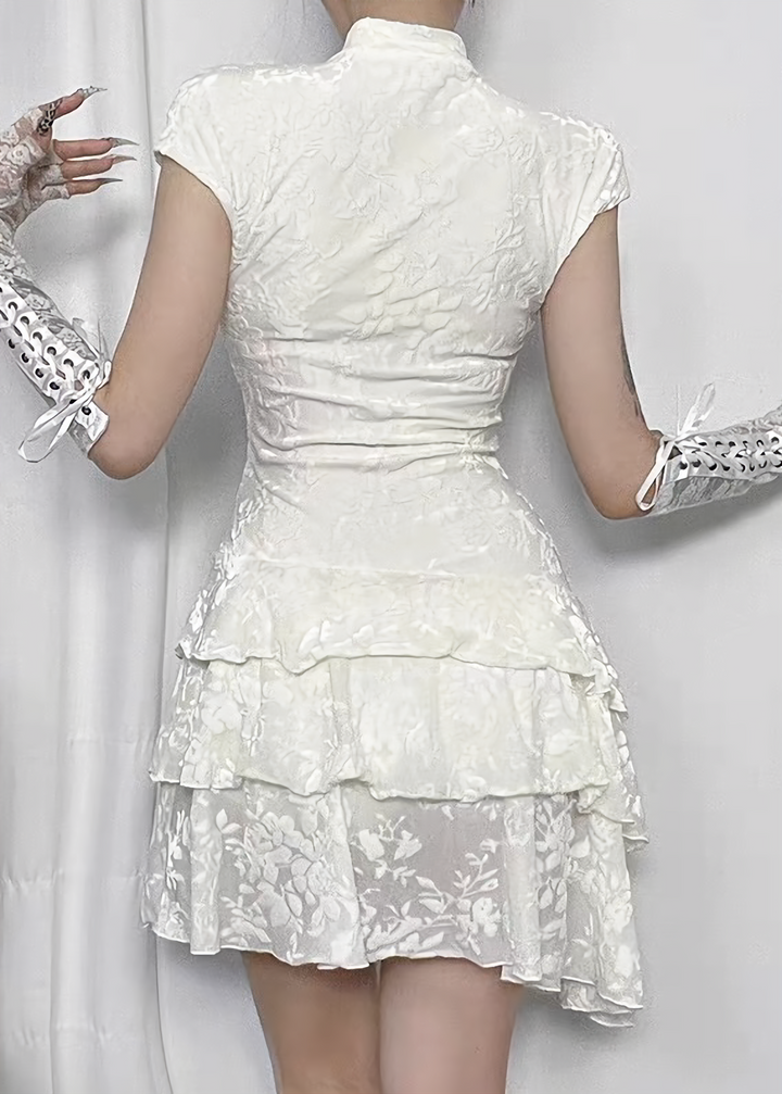 FLORAL JACQUARD STAND COLLAR MINI DRESS / LG1697