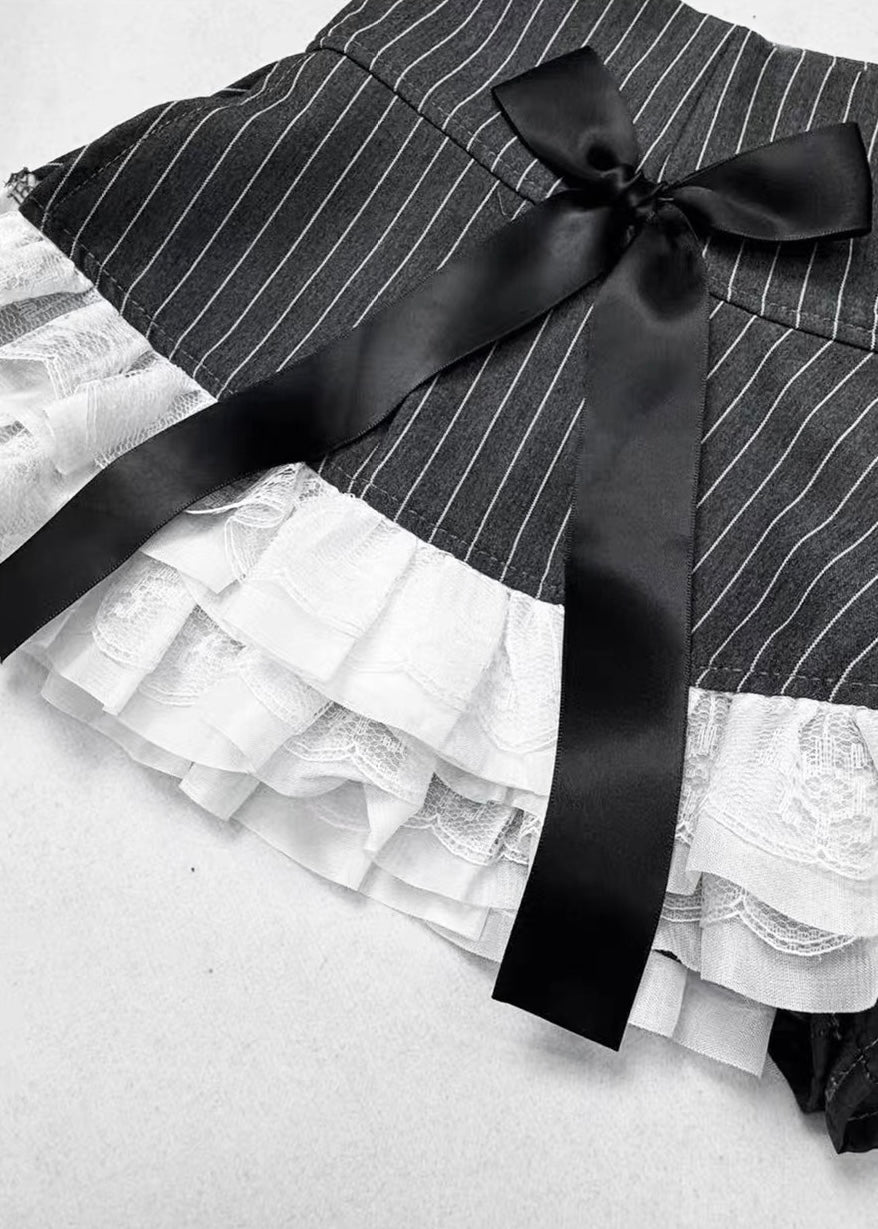 DARK STRIPE LACE RIBBON PLEATED MINI SKIRT / LG1681