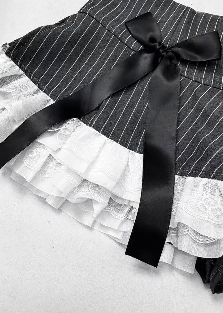 DARK STRIPE LACE RIBBON PLEATED MINI SKIRT / LG1681