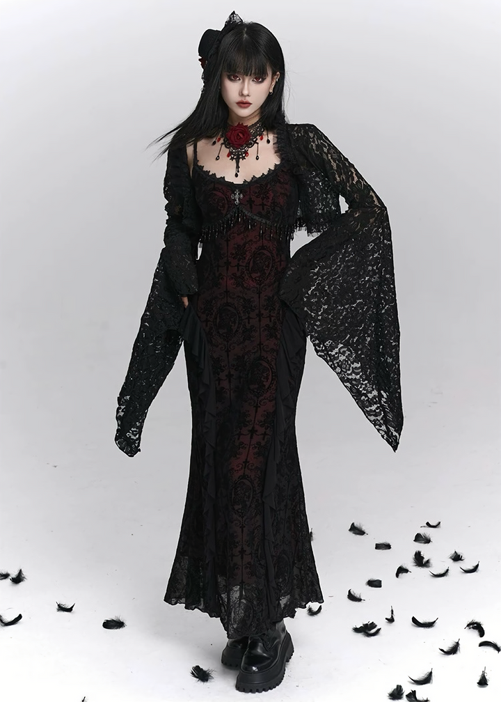 Dark rose long dress &amp;amp; Enchant lace cardigan / LG1401