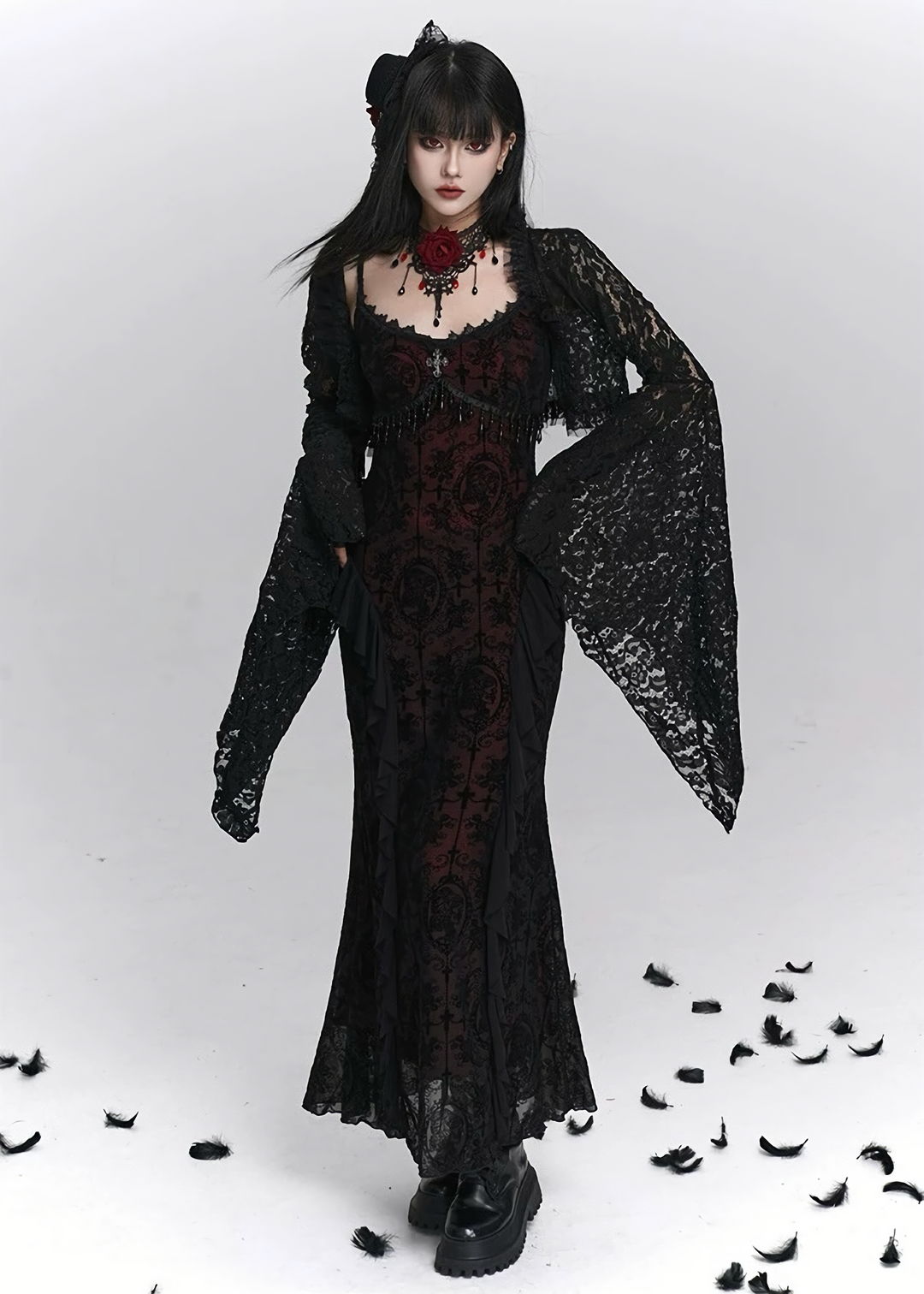 Dark rose long dress & Enchant lace cardigan / LG1401