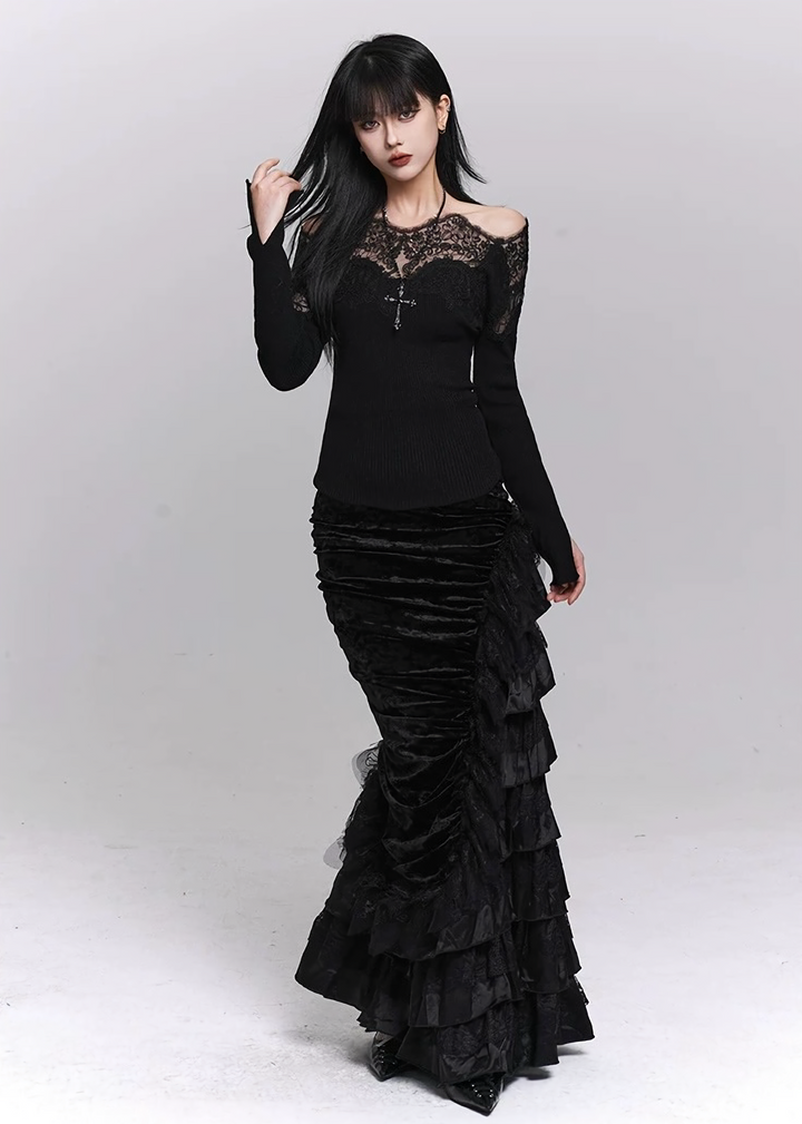 SHADOW LACE OFF-SHOULDER KNIT TOP / LG1487