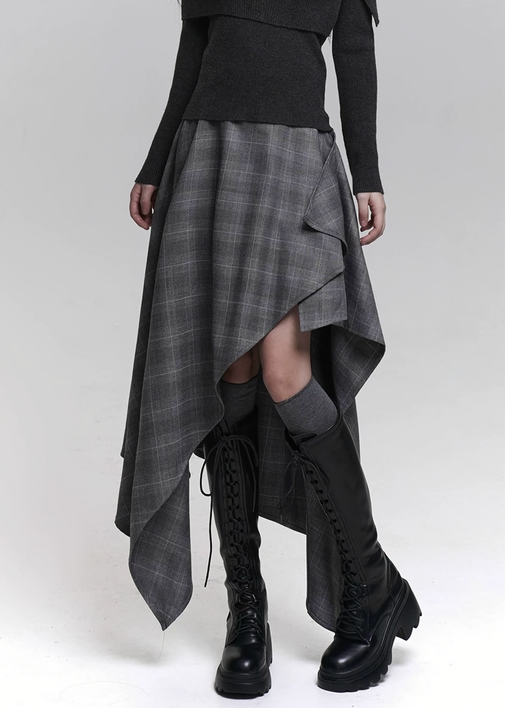 ASYMMETRIC SHADOW CHECK SKIRT / LG1470