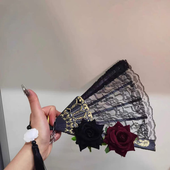 GOTHIC DOUBLE ROSE LACE FAN / V1182