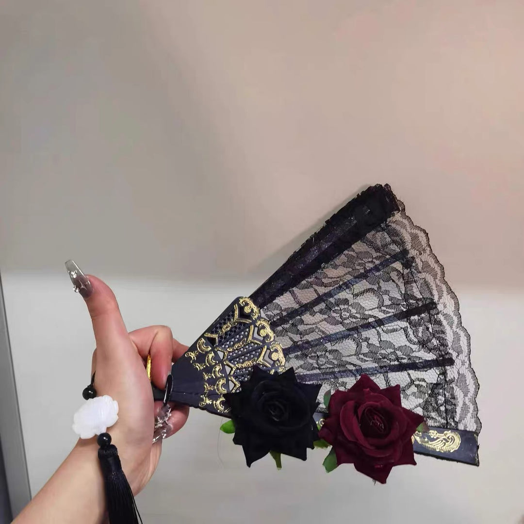GOTHIC DOUBLE ROSE LACE FAN / V1182