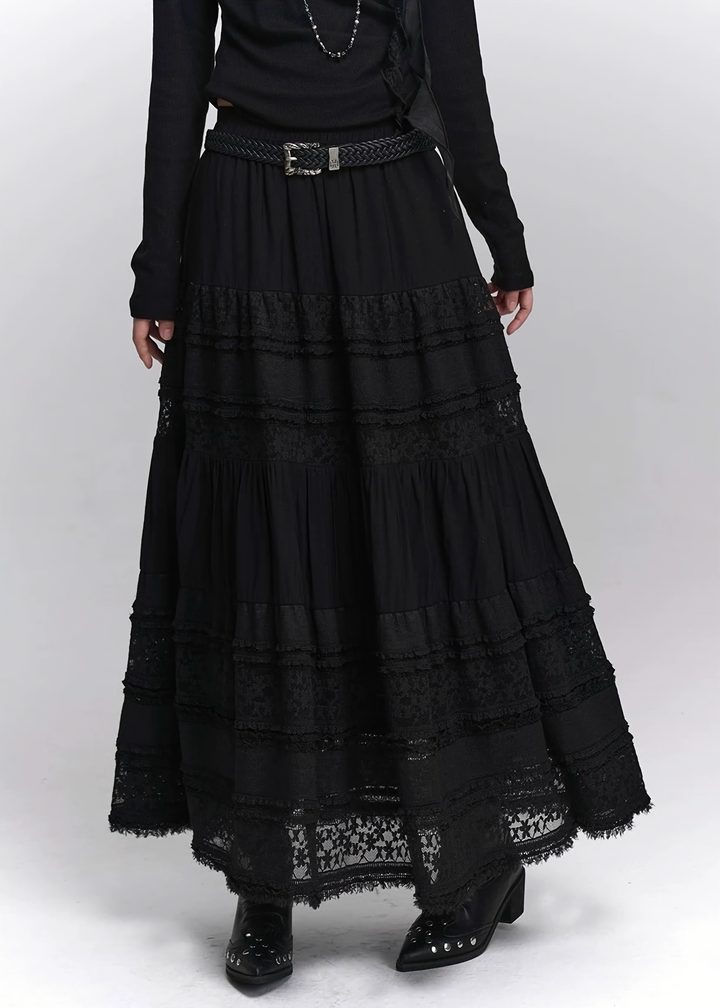 LACE TIERED LONG SKIRT / LG1412_e4r