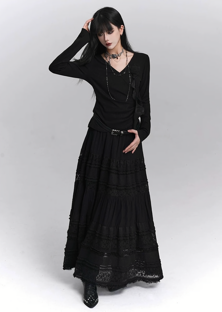 LACE TIERED LONG SKIRT / LG1412_e4r