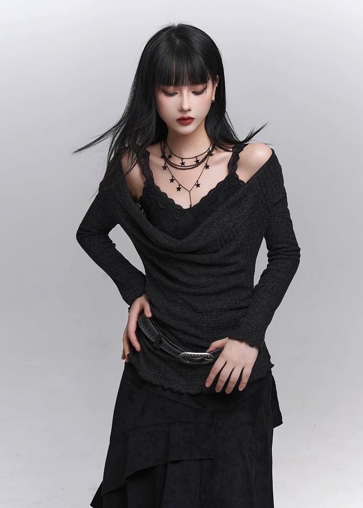 Drape neck x lace inner set top / lg1342