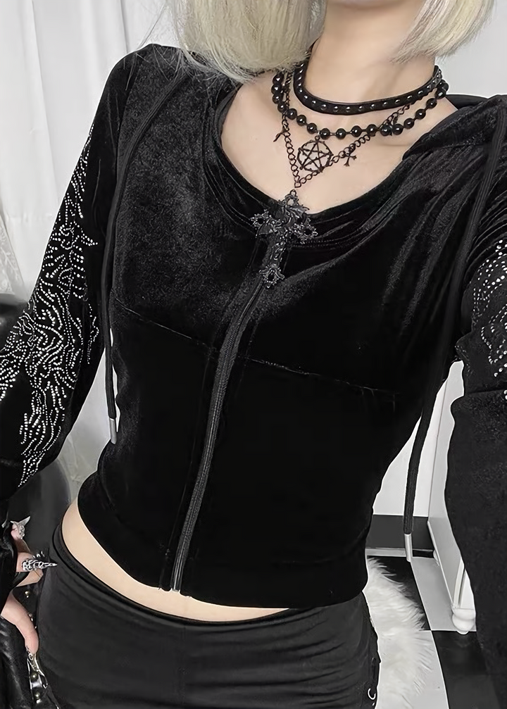 DARK RHINESTONE WING HOODED JACKET / LG1673