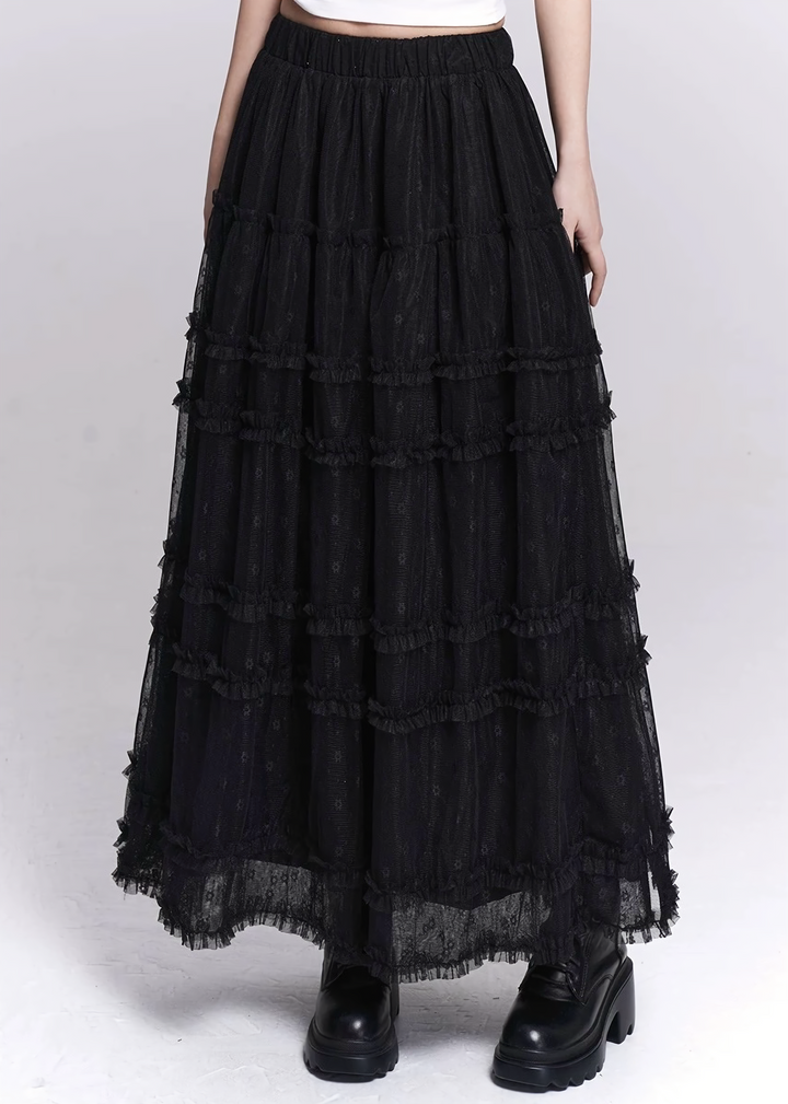 BLACK LACE TIERED MESH SKIRT / LG1531_e4r