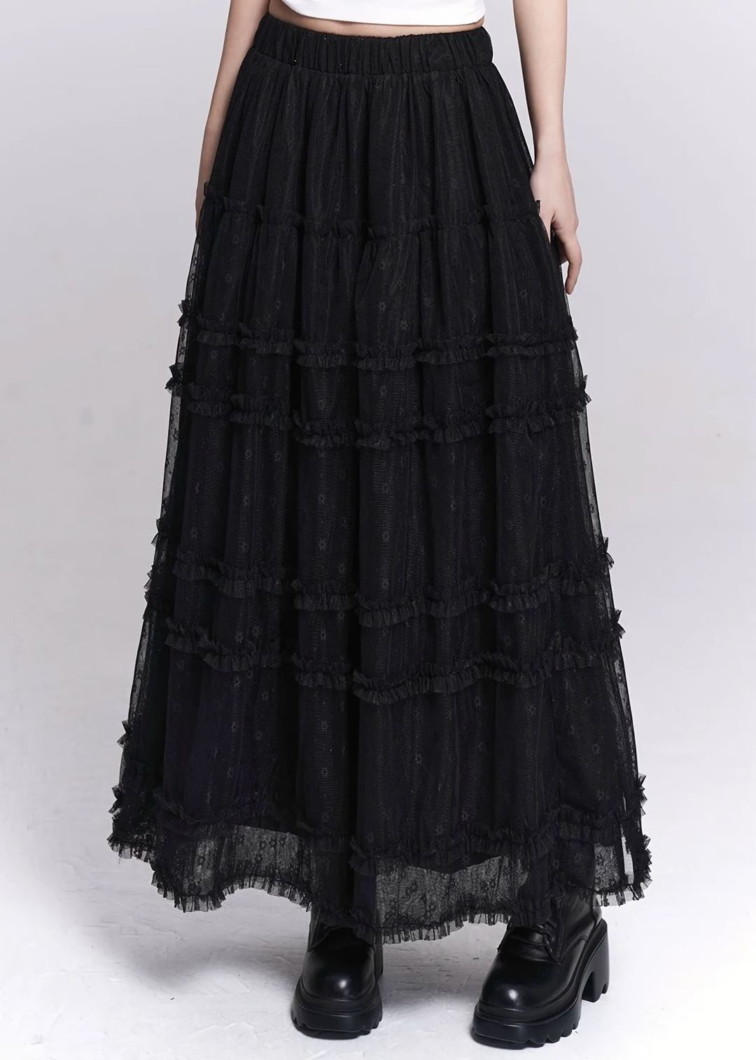 BLACK LACE TIERED MESH SKIRT / LG1531
