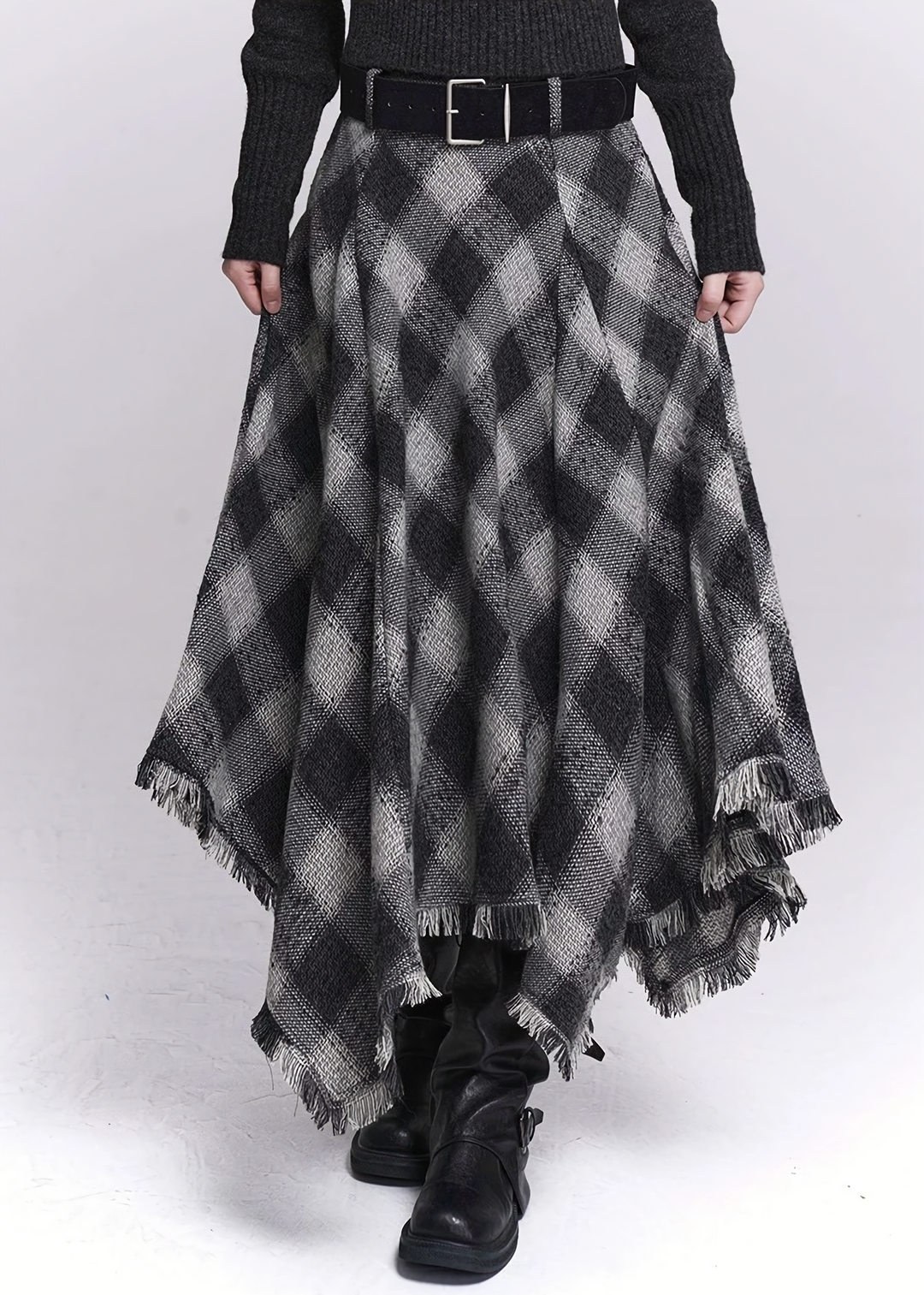 BLACK & GREY CHECK IRREGULAR MIDI SKIRT / LG1533