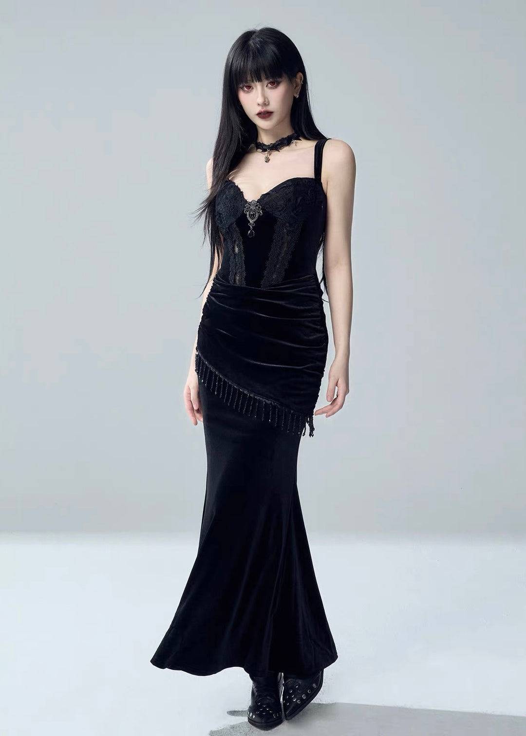 VELVET LACE DRAPE DRESS / LACE BELL SLEEVE BOLERO / LG1731