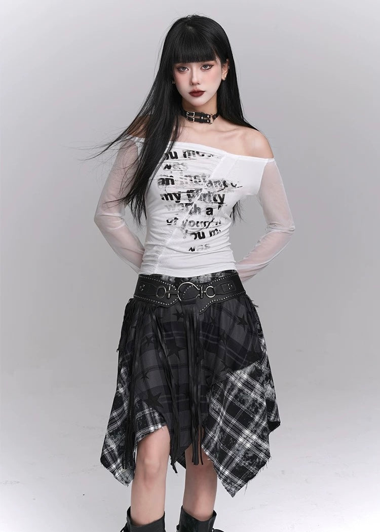 Print Off-shoulder Splicing Mesh Long-sleeved T-shirt / LG1219