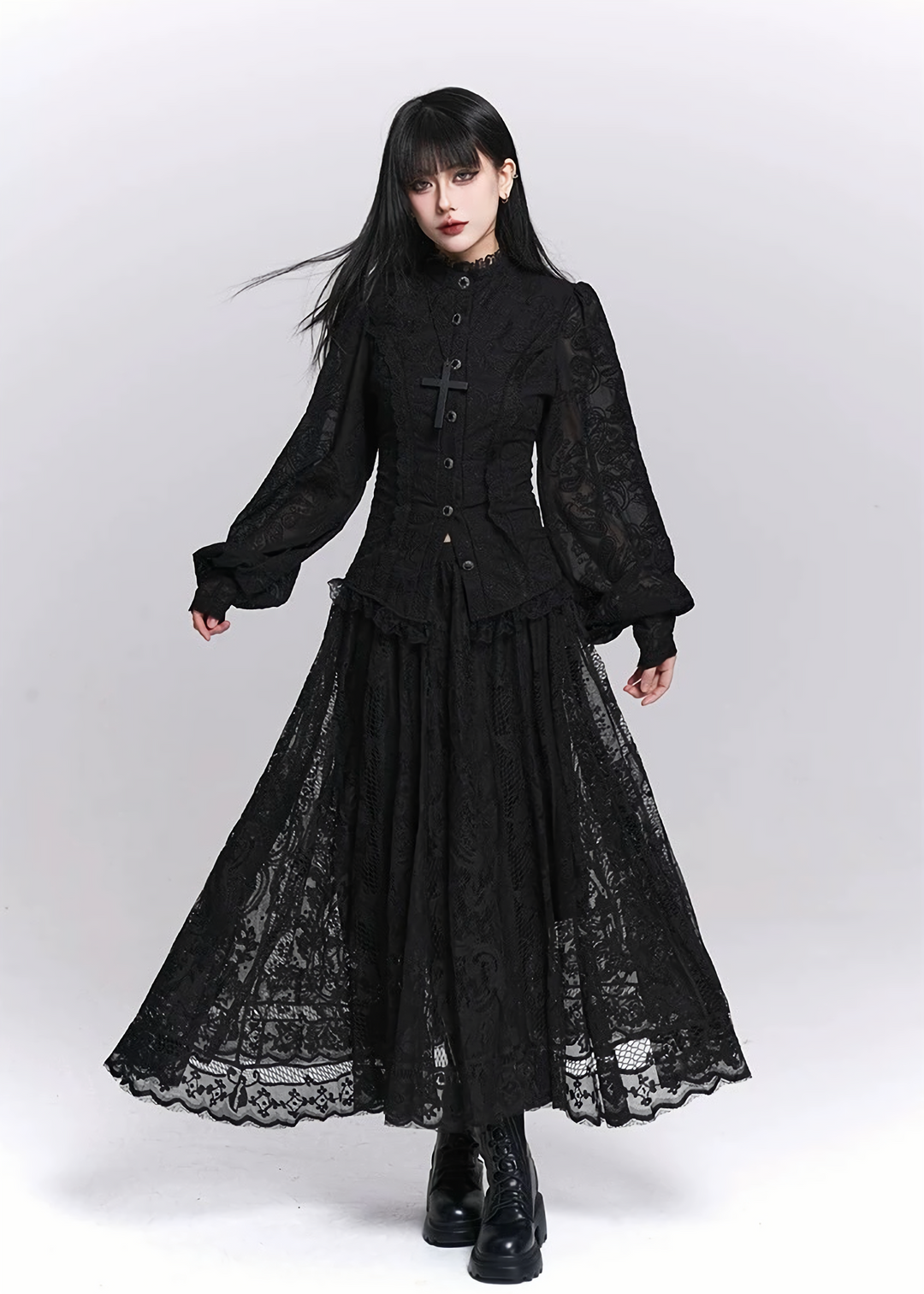 Black Lace A-Line Pleated Long Skirt / LG1522