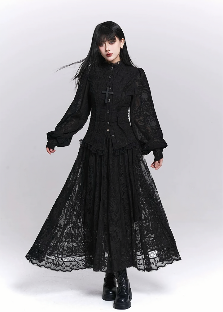 Black Lace A-Line Pleated Long Skirt / LG1522