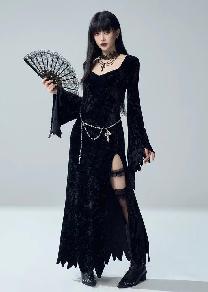 VELVET BELL SLEEVE SLIT LONG DRESS / LG1730