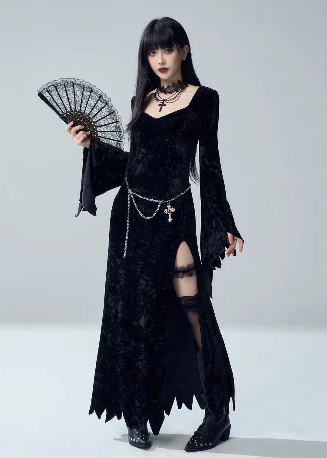 VELVET BELL SLEEVE SLIT LONG DRESS / LG1730