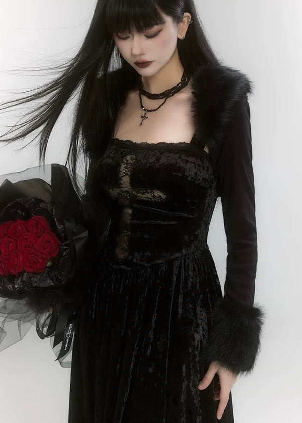 [Same day delivery] gothic cross dress &amp; short fur jacket / LG1185 