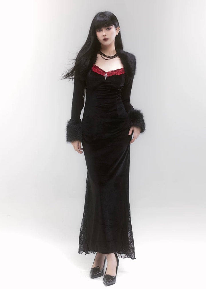 velvet black dress &amp; cropped fur jacket / LG1211