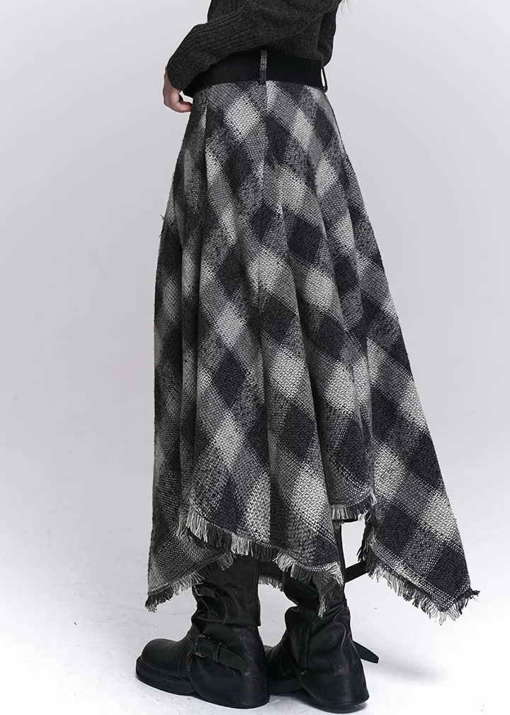 BLACK & GREY CHECK IRREGULAR MIDI SKIRT / LG1533