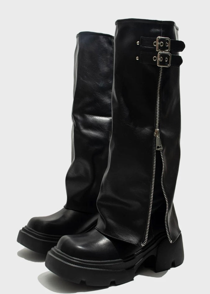 square toe chunky heel biker boots / v1112