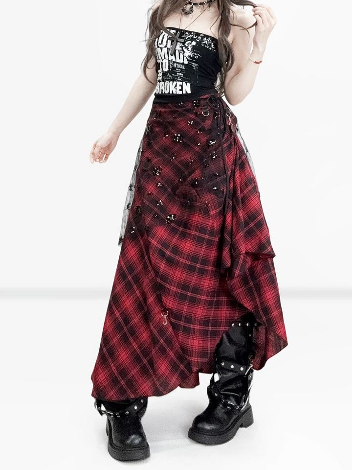 RED CHECK ASYMMETRY LAYERED SKIRT / LG1572