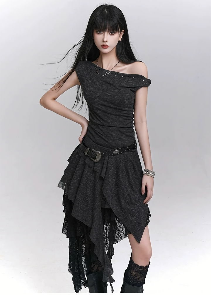 Asymmetrical layered off-shoulder dress / lg1318