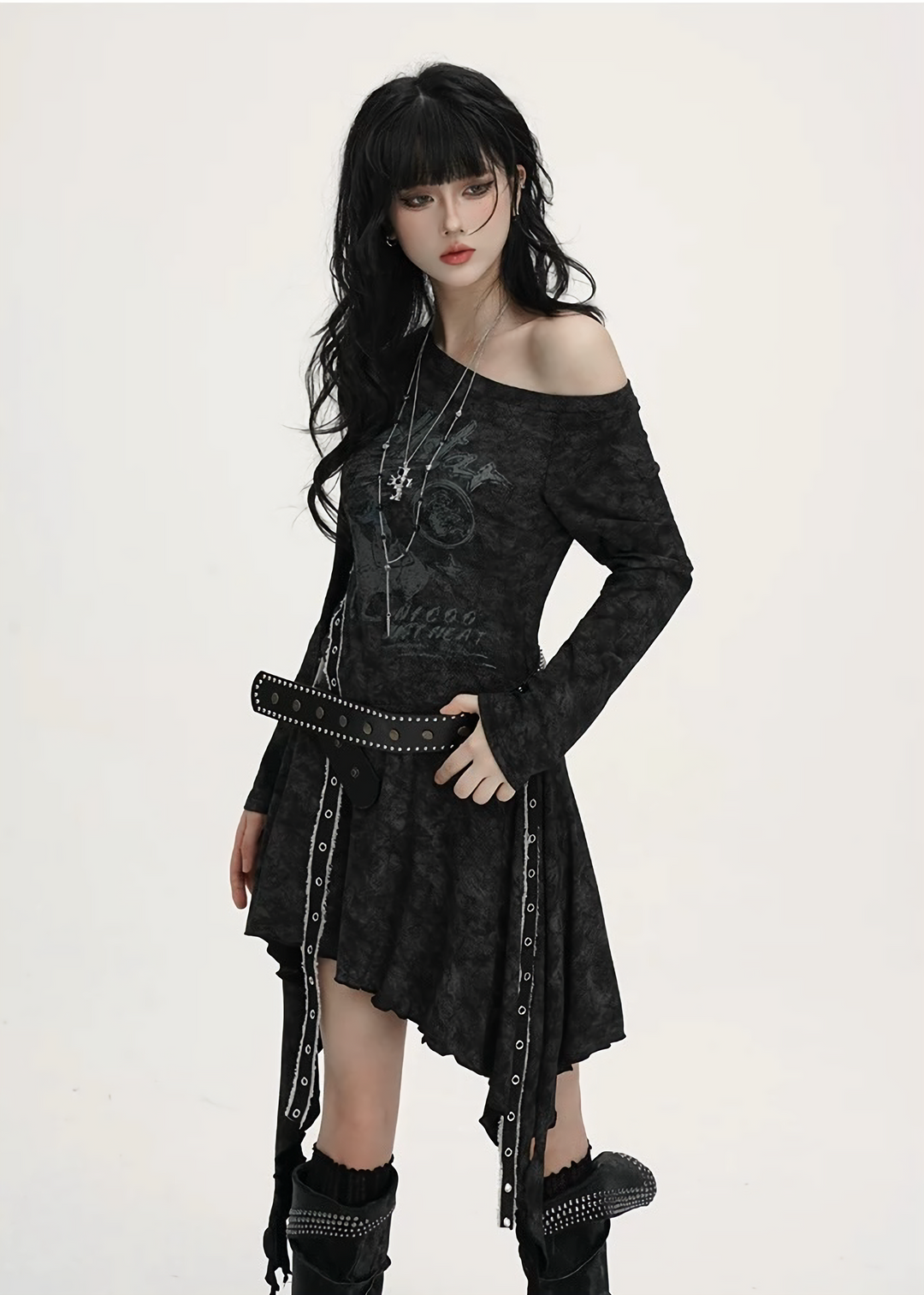 ACID WASH ASYMMETRIC BELTED DRESS / lg1363_e4r