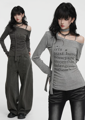 STRIPE OFF SHOULDER LONG TOP / LG1449