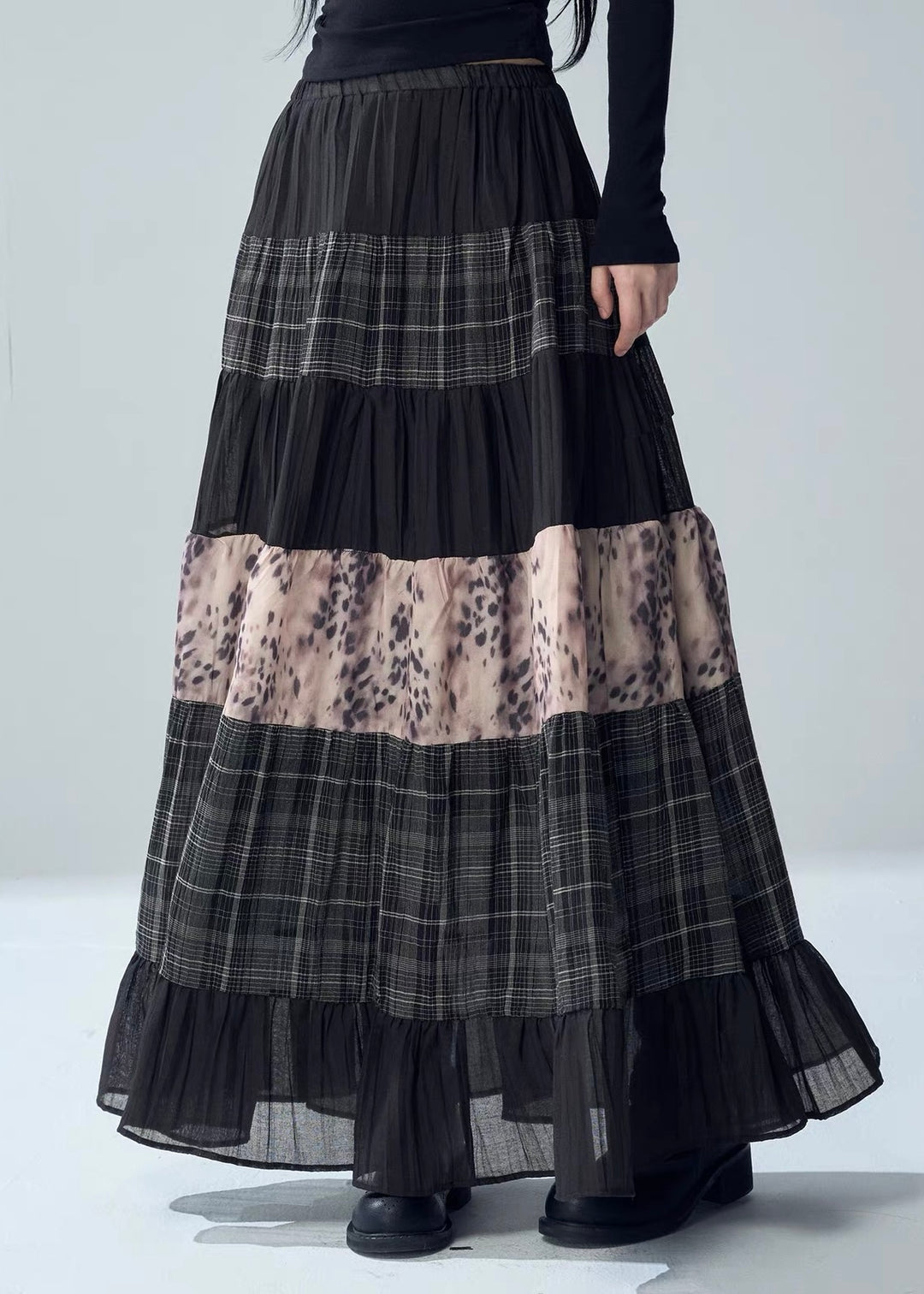 PATCHWORK TIERED MAXI SKIRT / LG1717