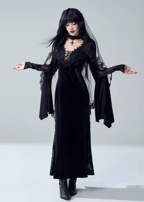 VELVET LACE-UP LACE PANEL LONG DRESS / LG1729