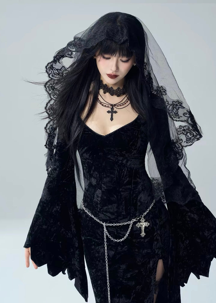 VELVET BELL SLEEVE SLIT LONG DRESS / LG1730