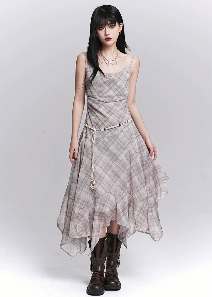 PLAID DRAPE IRREGULAR DRESS / LG1545