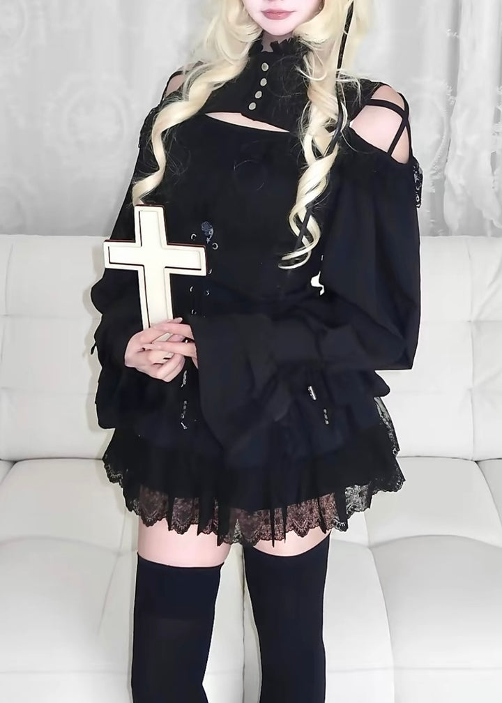 GOTHIC CORSET LACE-UP COLD SHOULDER TOP / LG1674