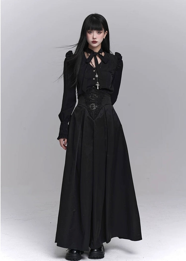 frill blouse &amp; high waist pleated long skirt / LG1224