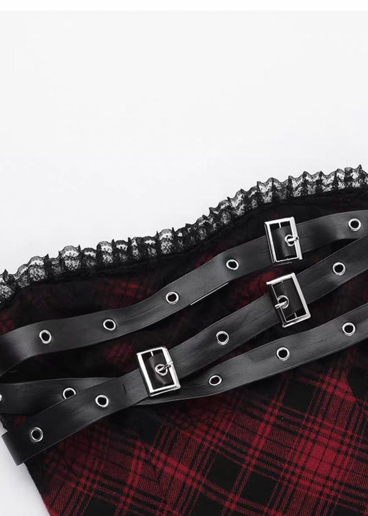 GOTHIC PLAID BUCKLE ASYMMETRIC MINI ONEPIECE / LG1686